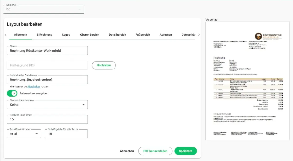 Billbee: Layout öffnen und benennen
