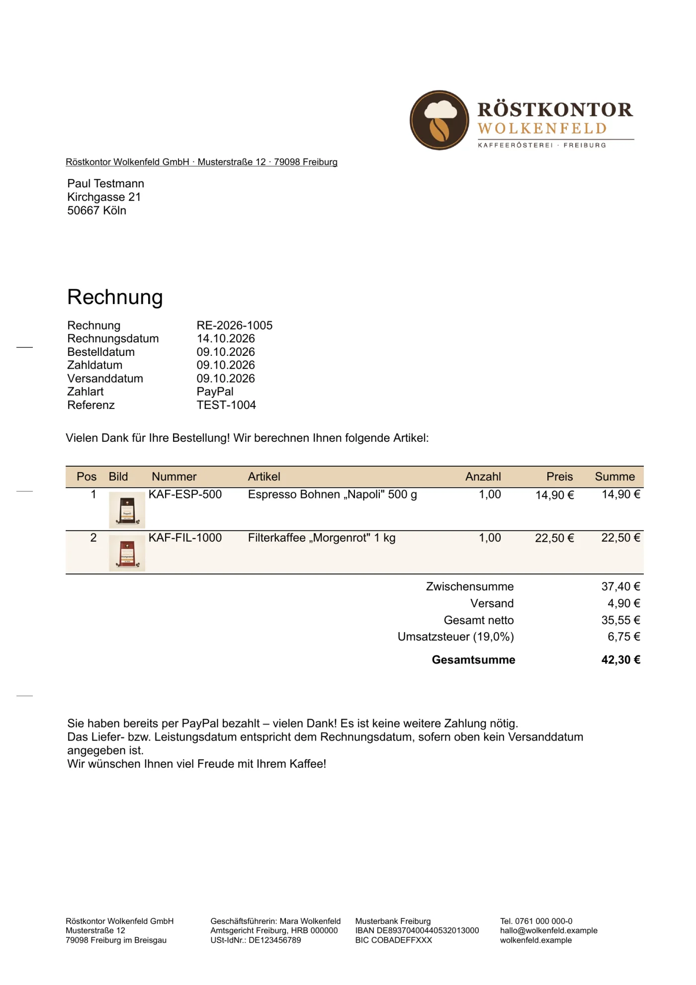 Musterrechnung einer Kaffeerösterei, bezahlt per PayPal, mit Produktfotos und Hinweis „bereits bezahlt“