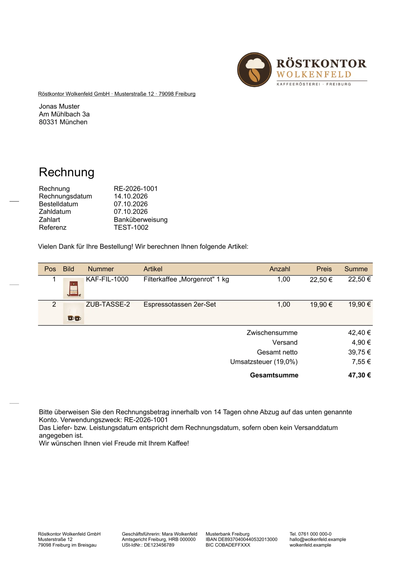 Musterrechnung einer Kaffeerösterei, bezahlt per Überweisung, mit Logo, Artikeltabelle mit Produktfotos, Zahlungsaufforderung und Fußzeile