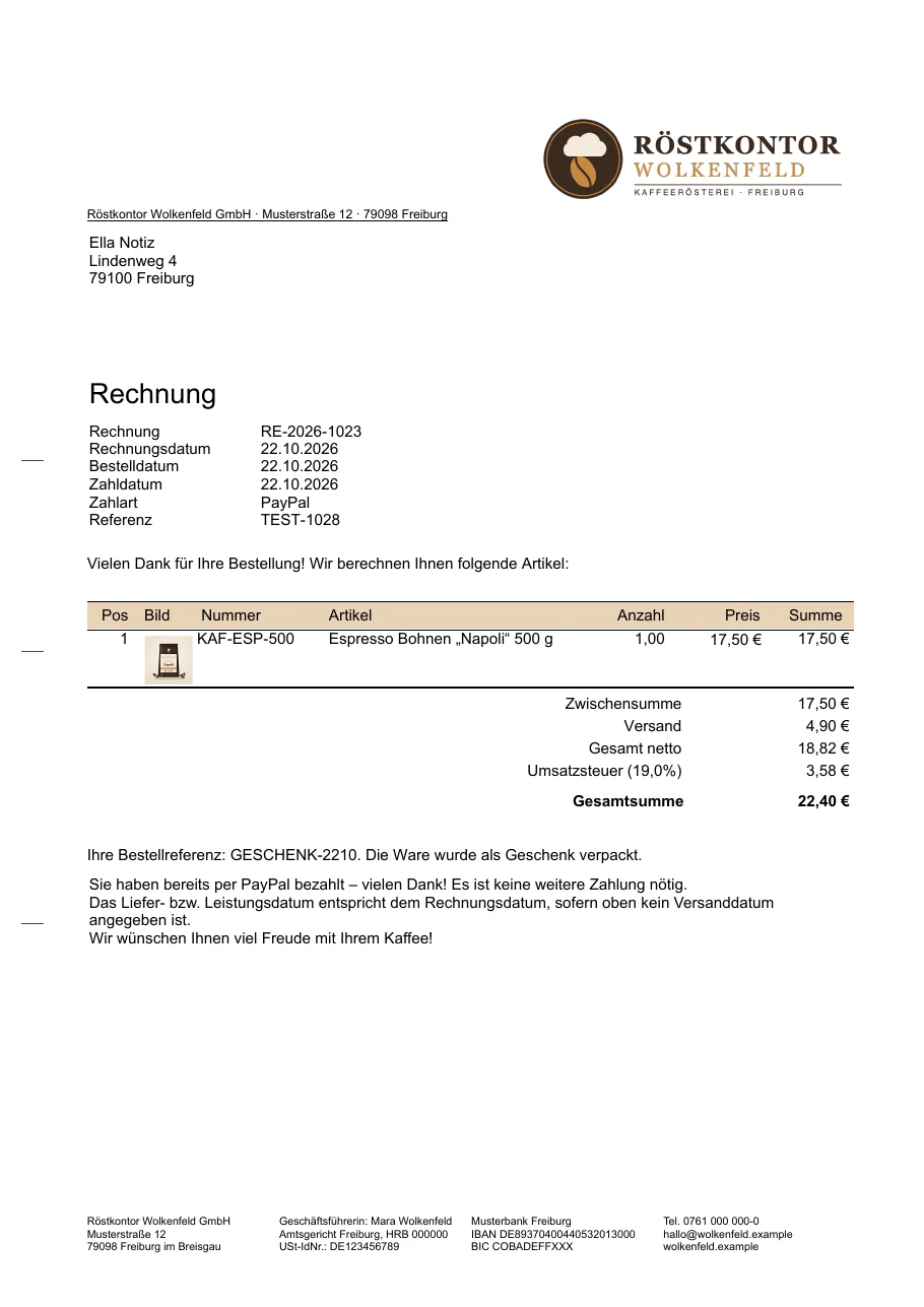 Billbee-Rechnung mit individuellem Rechnungstext unter den Summen
