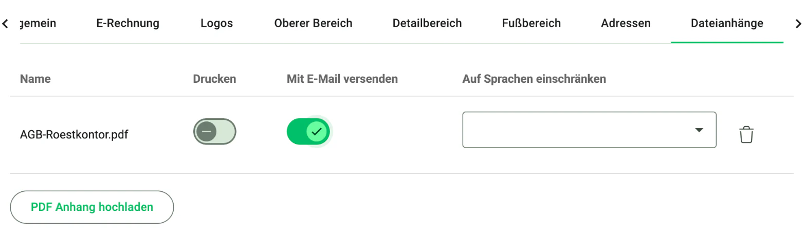Billbee Dateianhang Rechnung: PDF im Rechnungslayout hochladen