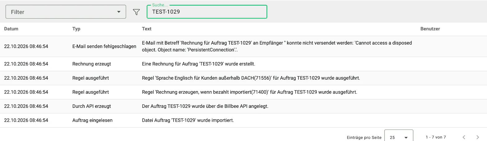 Billbee Regel Fehlersuche: Systemereignisse zur Bestellung öffnen