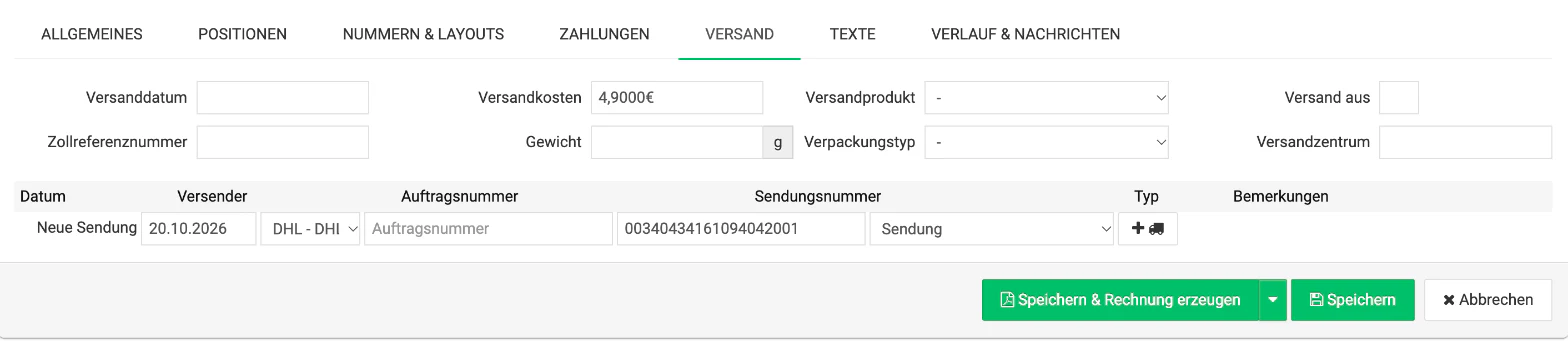 Billbee Sendungsnummer manuell: In der Bestellung den Reiter „Versand" öffnen