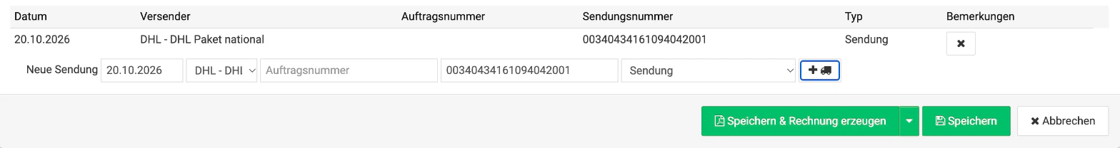 Billbee Sendungsnummer manuell: Mit dem Plus-Symbol übernehmen
