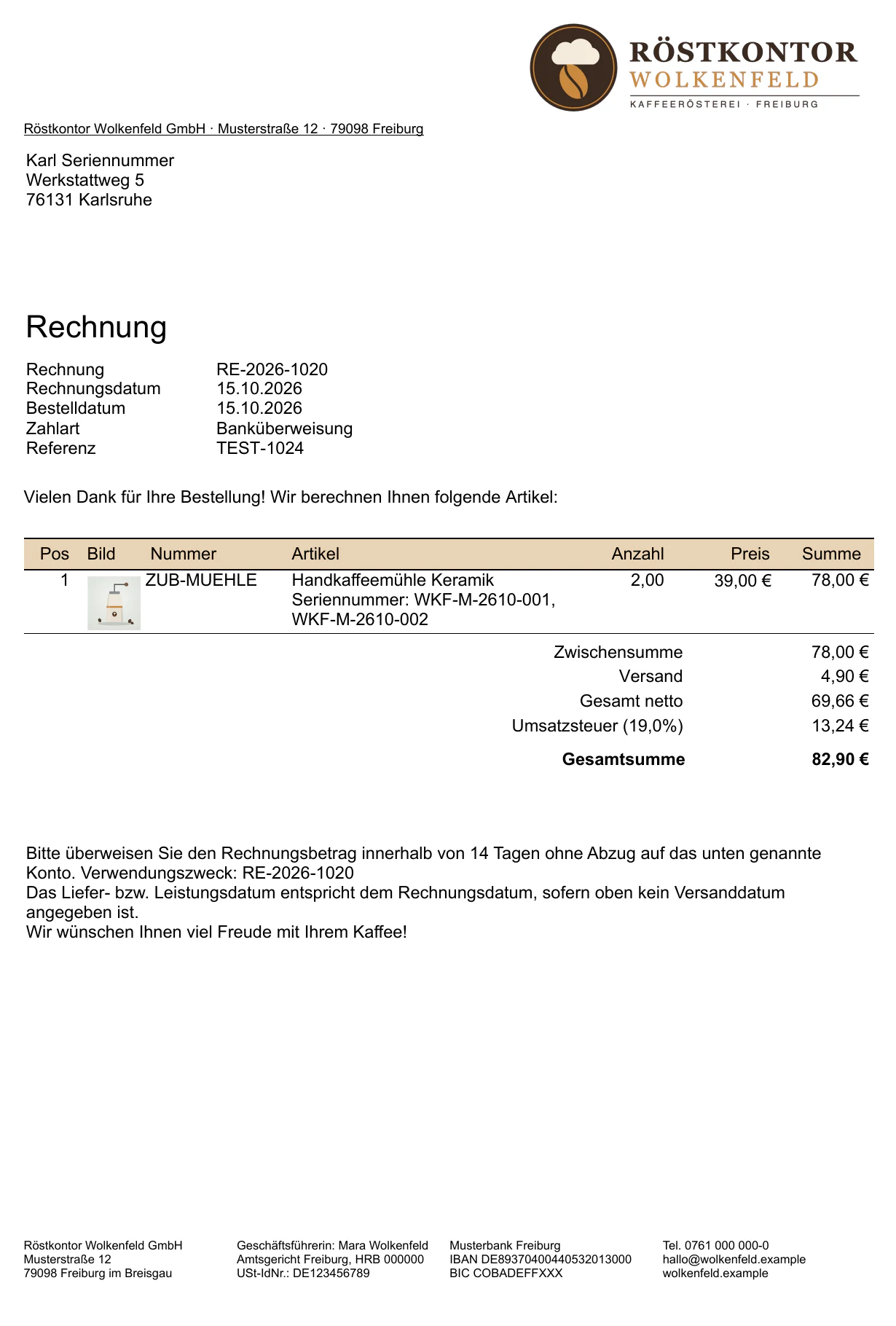 Billbee-Rechnung mit Seriennummern unter der Artikelposition