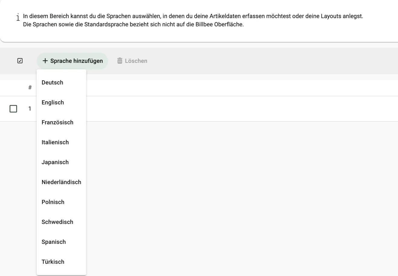 Billbee Sprache Englisch: Sprache anlegen