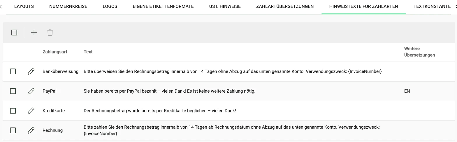 Billbee Sprache Englisch: Zahlungshinweise übersetzen