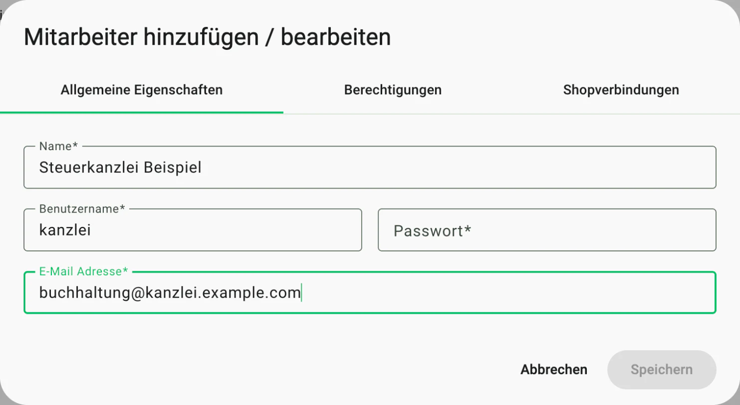 Billbee Mitarbeiter Steuerberater: Neuen Mitarbeiter anlegen