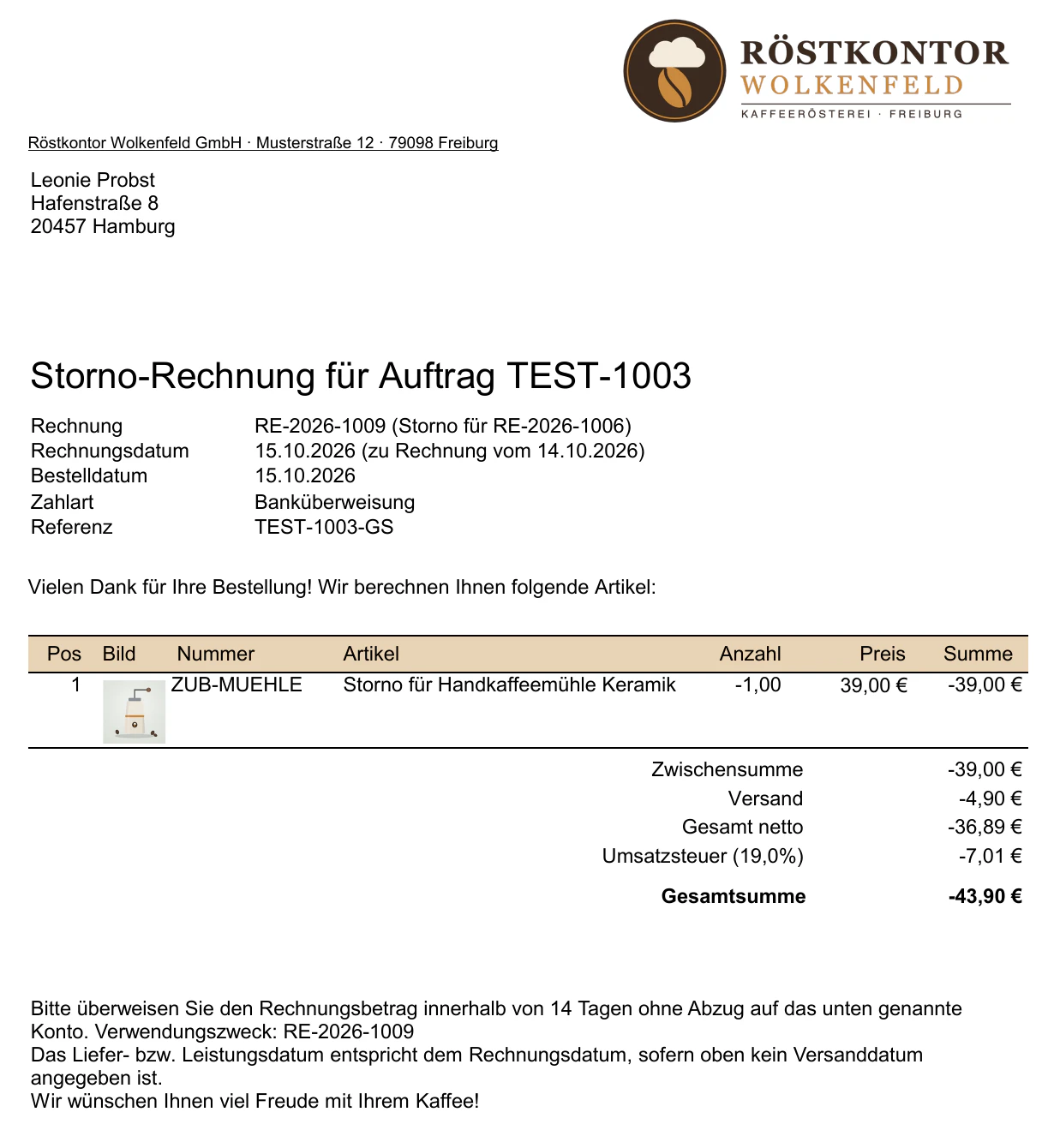 Billbee Stornorechnung RE-2026-1009