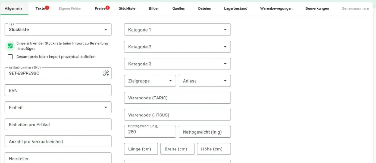 Billbee Stückliste: Neuen Artikel als „Stückliste" anlegen