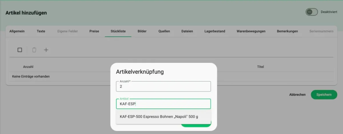 Billbee Stückliste: Die Einzelteile verknüpfen