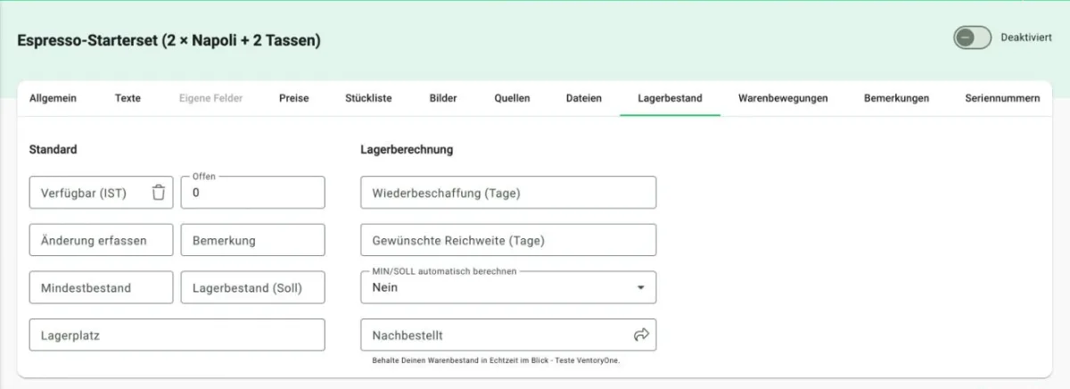 Billbee Stückliste: Keinen eigenen Bestand eintragen