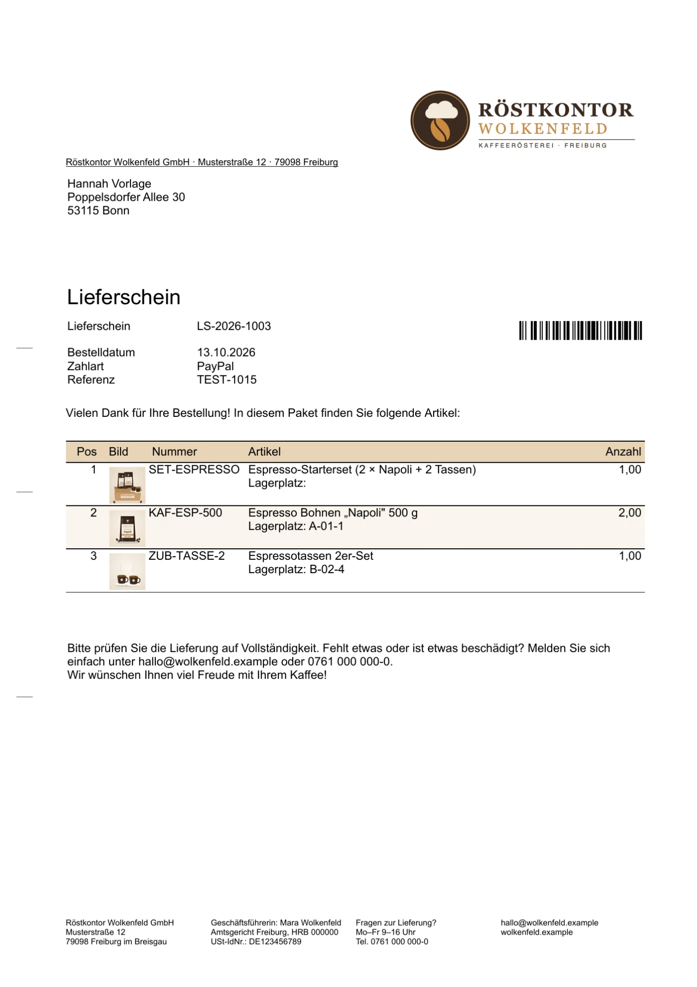 Muster-Lieferschein mit dem Espresso-Starterset und darunter den Einzelartikeln Espresso Napoli und Espressotassen mit Lagerplatz