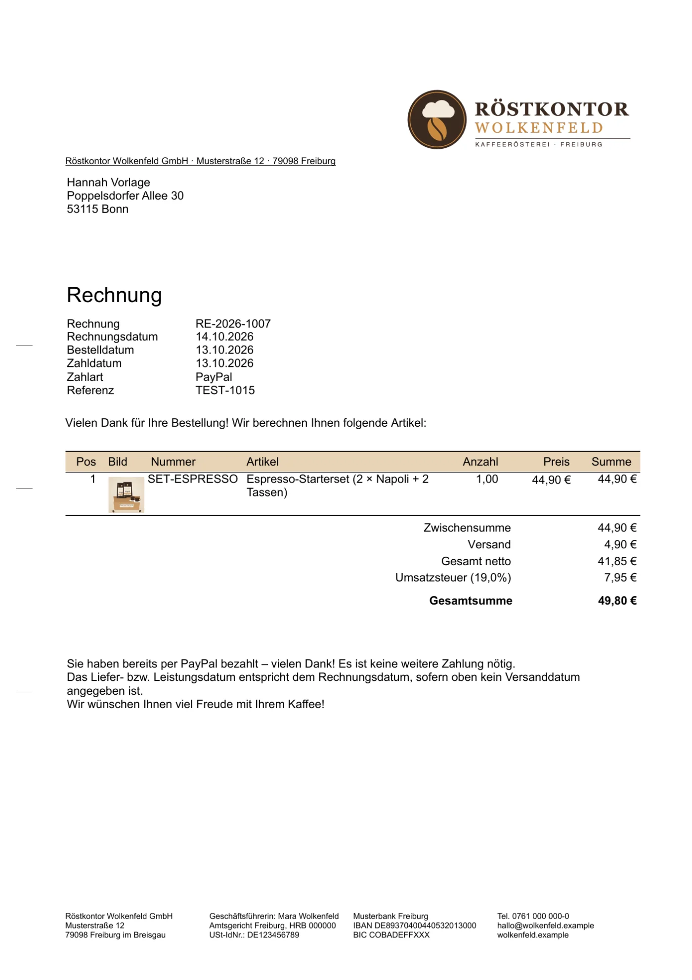 Muster-Rechnung mit nur einer Position Espresso-Starterset zu 44,90 Euro