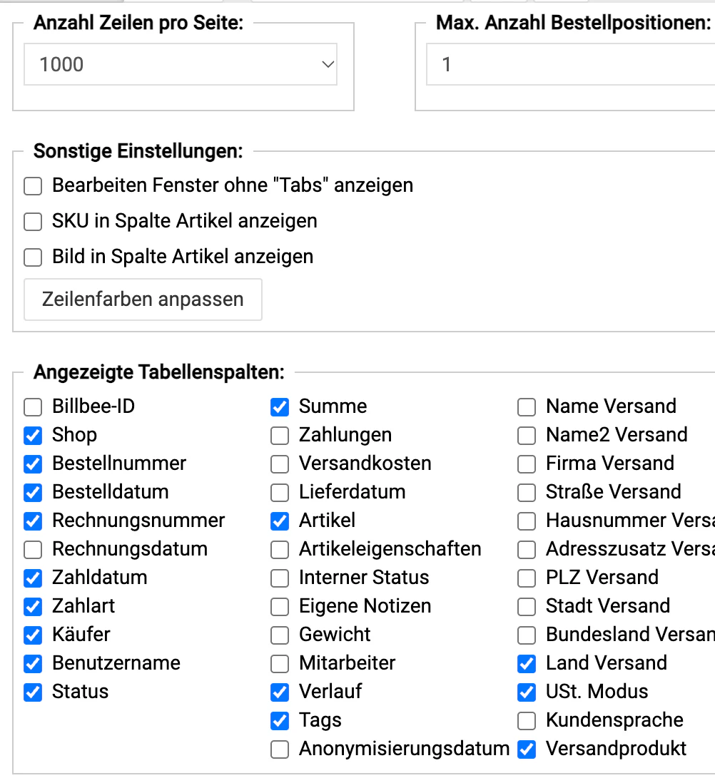 Billbee Tags und Farben: Spalten und Farben in der Ansicht
