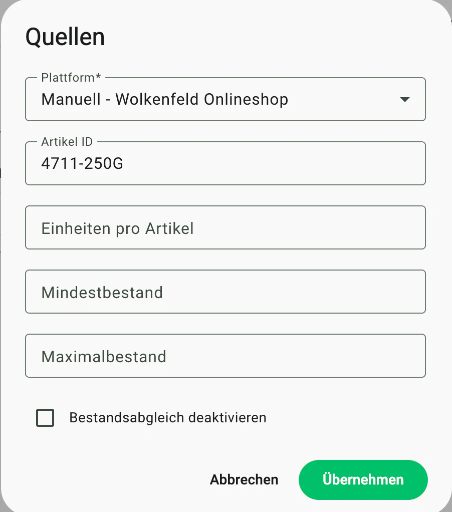 Billbee Varianten: Die Verbindung zum Shop: Reiter „Quellen"
