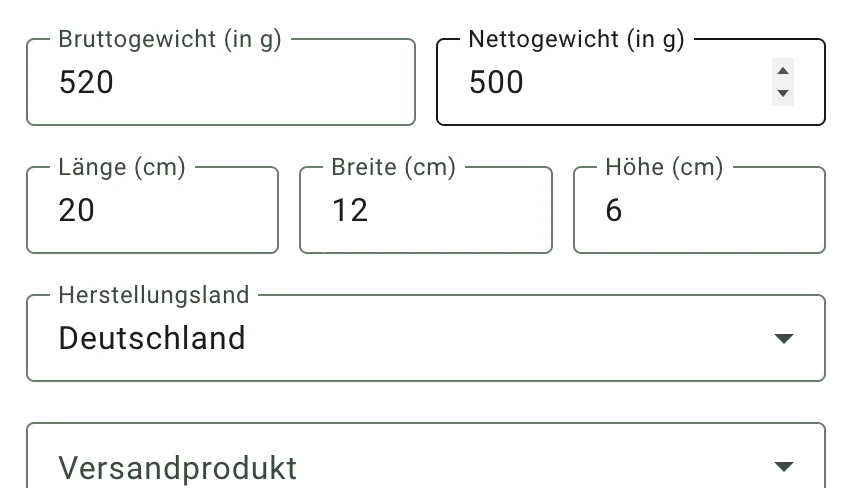 Billbee Verpackungstyp: Gewicht und Maße am Artikel pflegen