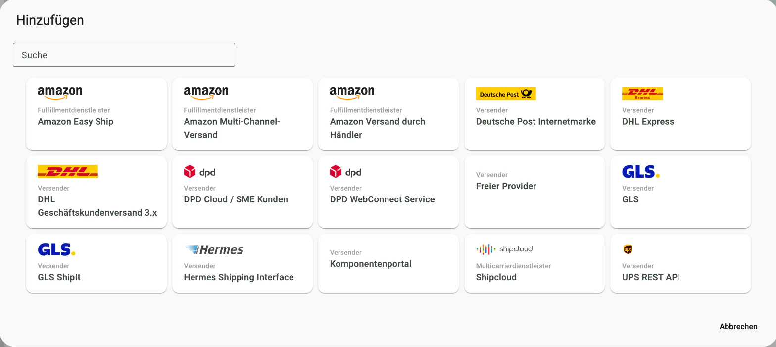 Billbee: Auswahl „Versandweg hinzufügen“ mit den Kacheln DHL Geschäftskundenversand 3.x, DHL Express, DPD Cloud / SME Kunden, DPD WebConnect Service, GLS, GLS ShipIt, Deutsche Post Internetmarke, Hermes Shipping Interface und UPS REST API