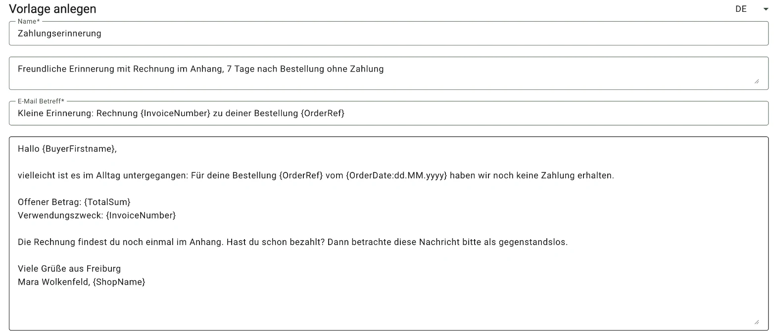 Billbee Zahlungserinnerung: E-Mail-Vorlage „Zahlungserinnerung" anlegen