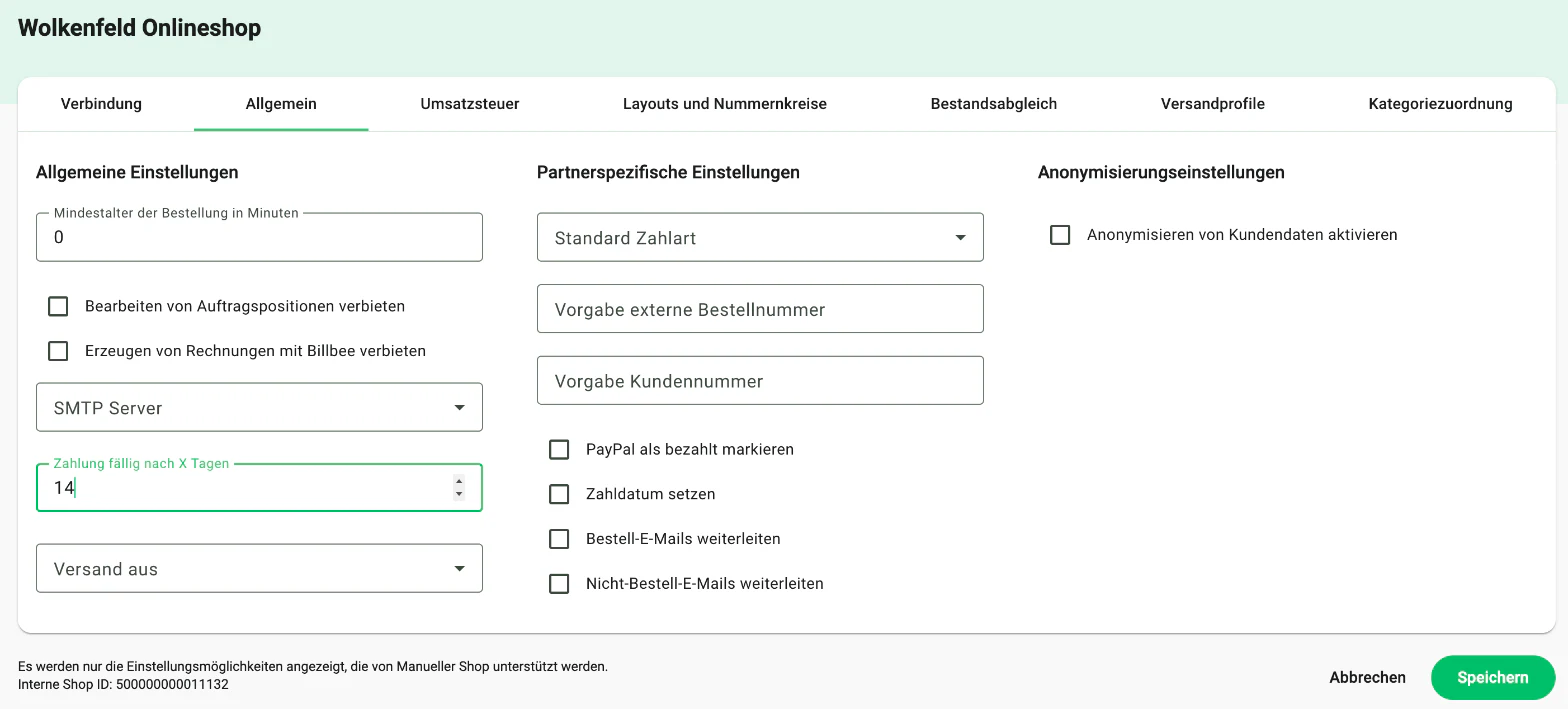 Billbee Zahlungsziel: Weg 1: Zahlungsziel pro Shop